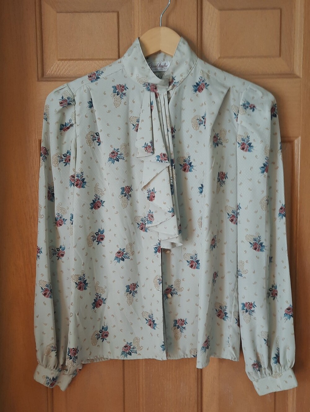 Vintage 70s 80s Gan André Ruffle Secretary Blouse Cream Floral Swiss Dot M